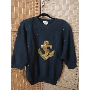 Vintage Marina Women's Gold Beaded Anchor Navy Knit Sweater Sz L Nautical